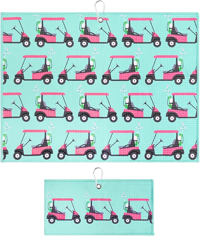 Microfiber Golf Towels for Golf Bags & Carts - Premium Weave Waffle & Ball Towels with Carabiner Clip, Essential Accessories for Men, Women, and Kids, Golfer Gifts, Set of 2 (Golf Cart)