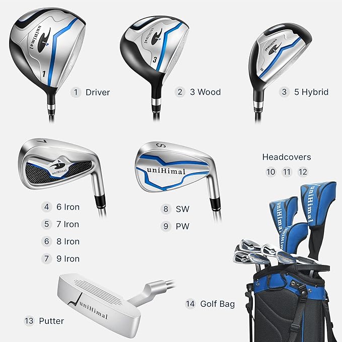 Men’s Golf Club Set, Right Hand – 13–16 Piece Complete Set with Driver, Woods, Hybrids, Irons, PW, SW, Putter, Stand Bag and Headcovers