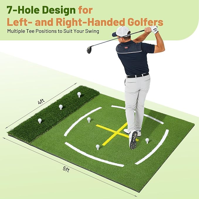 Dual Turf Golf Mat 5 * 4FT,Golf Hitting Mats Practice Outdoor/Indoor for Training Chipping Driving Swing with Standing Guide-Line & Swing Path Line,High-Density Artificial Turf Matt
