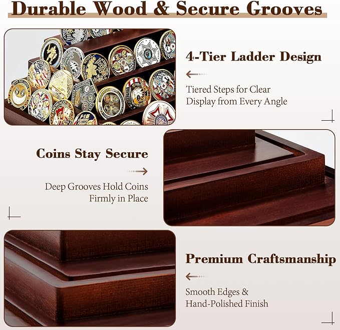 Challenge Coin Display Holder, Military Coin Display Stand 4-Tier for Collectors,Wooden Army Coins Collection Rack, Coin Stands for Display Desk Decor Walnut