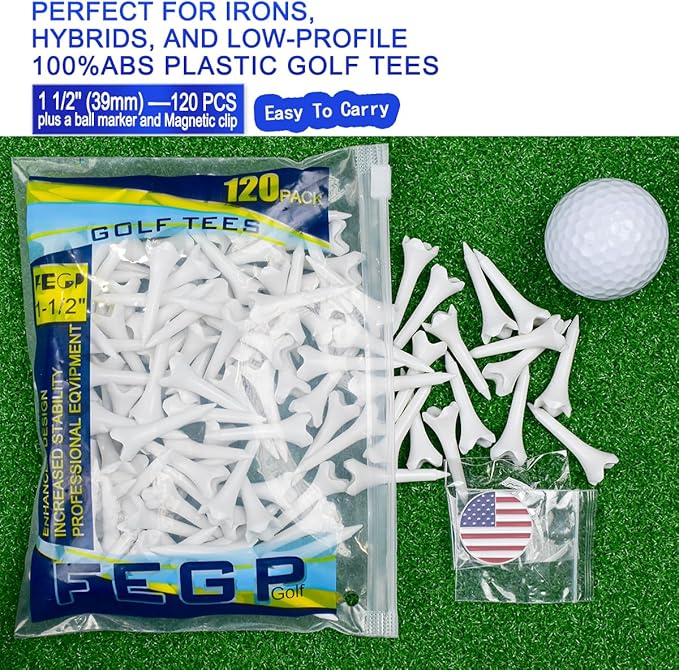 1 1/2'' Plastic Golf Tees – Short Tees for Irons, Par Threes, Hybrids, and Driving Range - Pack of 120 Bulk 4 Prongs Plastic Golf Tees Performance Series Low Resistance Golf Tee White