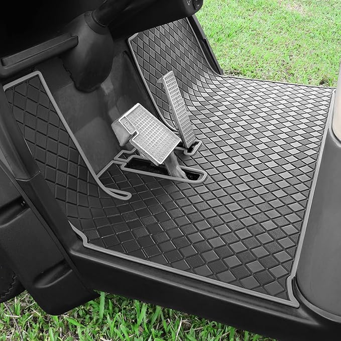 Golf Cart Floor Liner Mat 8mm Thick Rubber Full Coverage Only Fit for 2007-2016 Yamaha Drive (Gen1), G29, YDR, Adventurer Carts Diamond Deluxe Non-Slip Front Feet Mats Replacement - Grey Trim