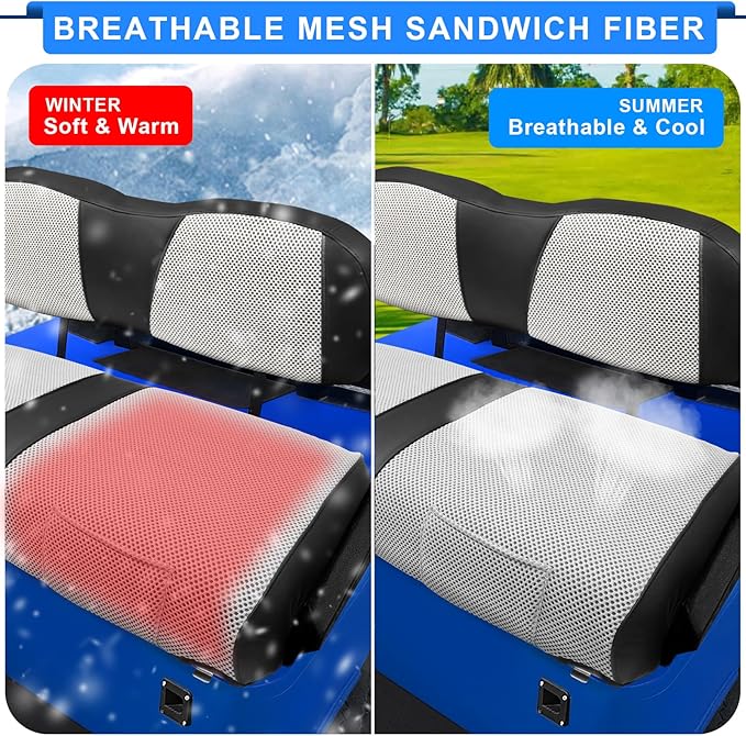 iLSKW Golf Cart Seat Covers for Club Car DS (20000 to Up) Seat Cover OEM Front,Breathable Fabric and Leather Front Seat Cover Like Gloves,Full Wrap-Around Design