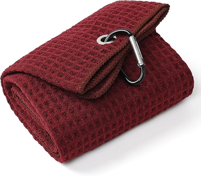 Mile High Life Premium Waffle-Weave Golf Towel | 16" X 24" | Extra Absorbent & Quick-Dry | Ultra-Soft Microfiber | Carabiner Clip | Multi-Color Options | Golf Accessory for Men & Women, Wine Red