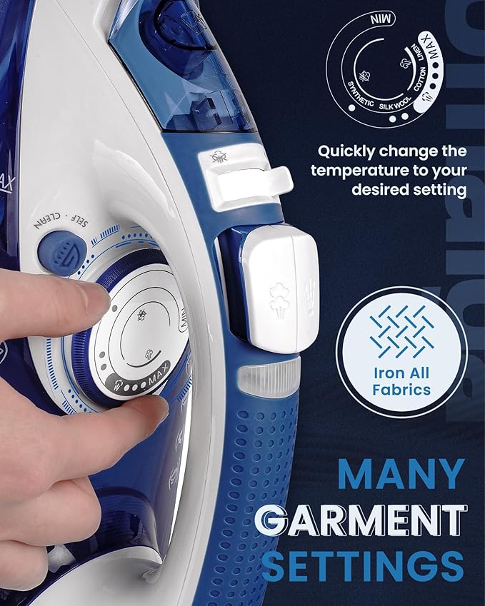 Steam Iron for Clothes, 1500W Clothes Iron with 3-Way Auto-Off, Non-Stick Ceramic Soleplate, Iron for Clothes with 11.84oz Water Tank, Self-Cleaning, Anti-calc, White