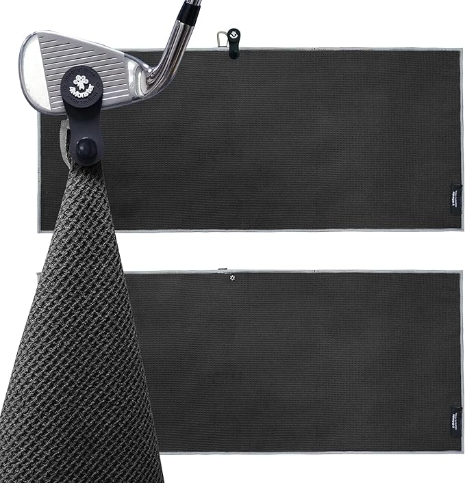 4Monster Golf Towels 2-Pack with Detachable Magnet and Portable Pouch, Quick-Dry Microfiber Golf Towel Set for Golf Bags,Custom Towel Gifts for Men or Women (2, Black)