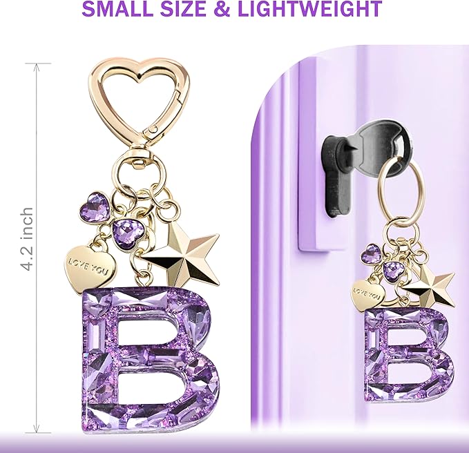 Cute Bling Keychain initial Letter Butterfly Star Pink Purple Gift for Women Girls Bag Cup Charms Accessories