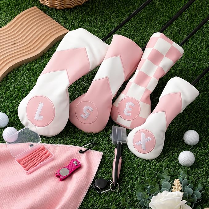 16 Pcs Pink Golf Accessories Kit Include 4 Pcs Golf Club Head Covers, Ball Bag with Hook Pink Towel Magnetic Ball Marker Tees Divot Tool Cleaner Brush for Christmas Women Girls Gifts