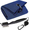 Golf Towels, Microfiber Waffle Pattern Tri-fold Golf Towel - Brush Tool Kit with Club Groove Cleaner, with Clip Men Women Golf Gifts (Navy Blue Towel+Black Brush)