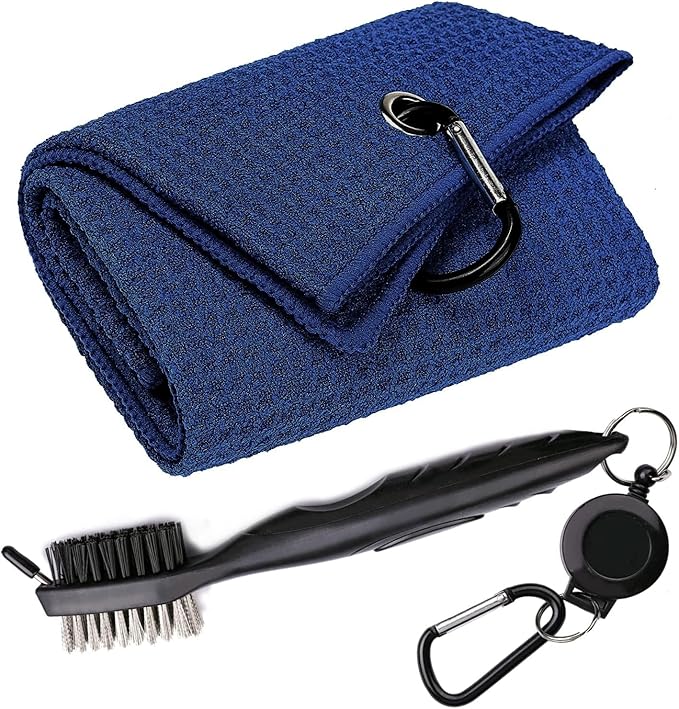 Golf Towels, Microfiber Waffle Pattern Tri-fold Golf Towel - Brush Tool Kit with Club Groove Cleaner, with Clip Men Women Golf Gifts (Navy Blue Towel+Black Brush)