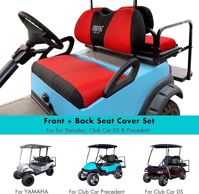 10L0L Golf Cart Front and Rear Seat Cover Set for Club Car DS/Precedent/Onward/Tempo & Yamaha G29 /Drive 2,Stylish 4 Passenger Front Back Seat Covers,Breathable Washable Polyester Mesh (Black/Red)