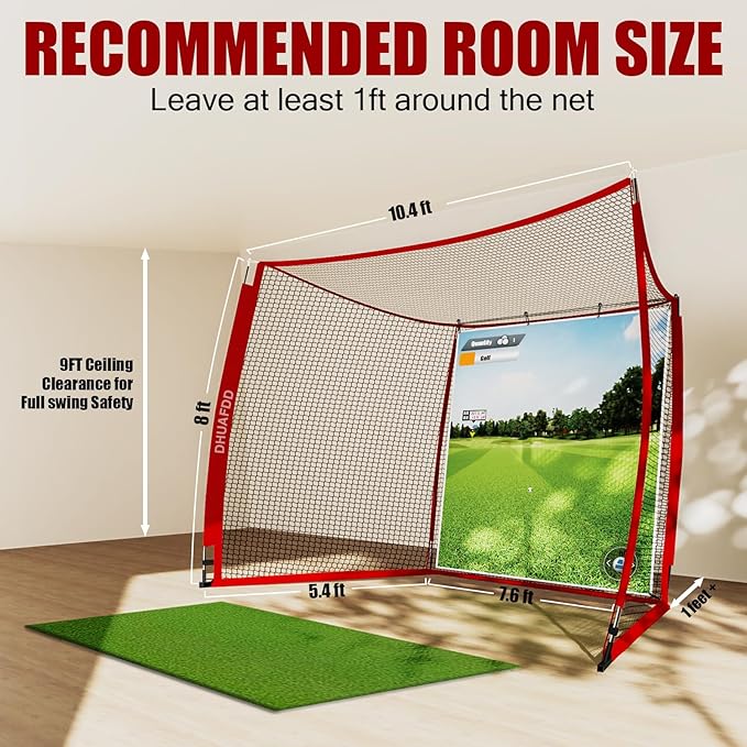Golf Net with HD Simulator Screen 10 X 8 ft Golf Hitting Net Cage with Impact Screen & Target Cloth for Home Backyard Garage Swing Training Indoor Outdoor Use by DHUAFDD