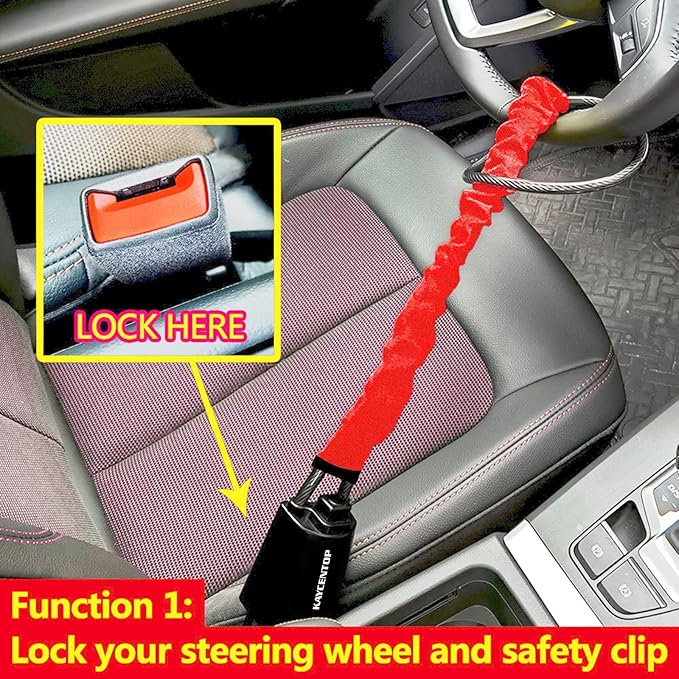 KAYCENTOP Car Steering Wheel Lock, Seat Belt Lock, Anti-Theft Device, Max 17 Inch Length, Small and Light-Weight, Multi-Functional, Fit Most Vehicle, SUV, Golf Cart Security (Red)