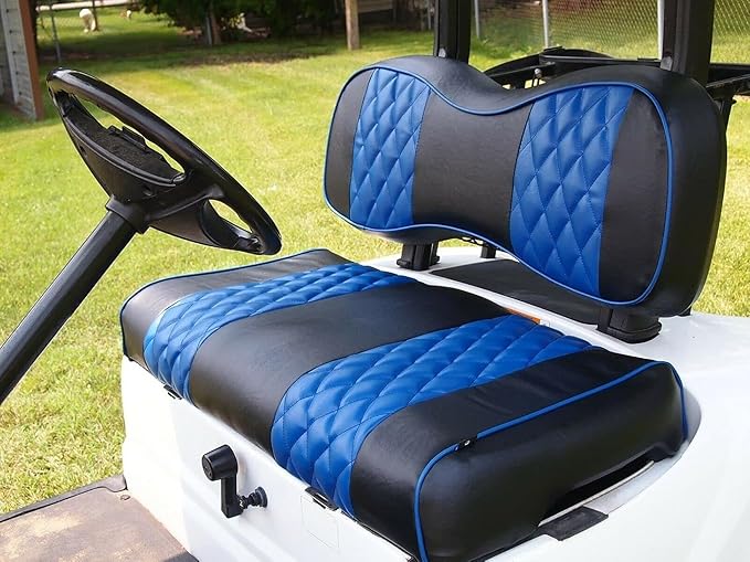 Huskey 2PCS Golf Cart Front Seat Covers for Club Car Precedent 2004+ G&E Models Custom Two-Tone Black/Blue Diamond Stitching with Blue Piping,Marine Grade Vinyl Material,Staple On Design