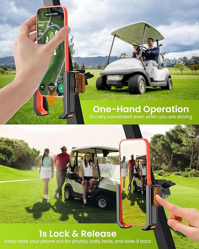 Golf Cart Phone Holder Mount - 3s Phone Clip Install, 1s Lock & Release，Phone Caddy for iPhone Galaxy & More Fits Yamaha Club Car EZGO Icon, Golf Cart Accessories Essentials Gift for Men Women