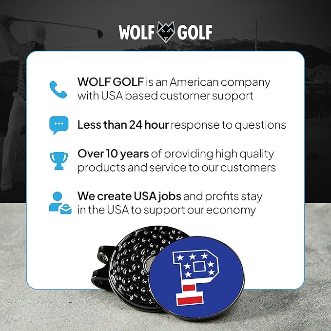 Wolf Golf Towels Golf Ball Marker Hat Clip | USA Monogram | 1 Magnetic Clip + 3 Ball Markers | Patriotic Golf Accessories for Men & Women