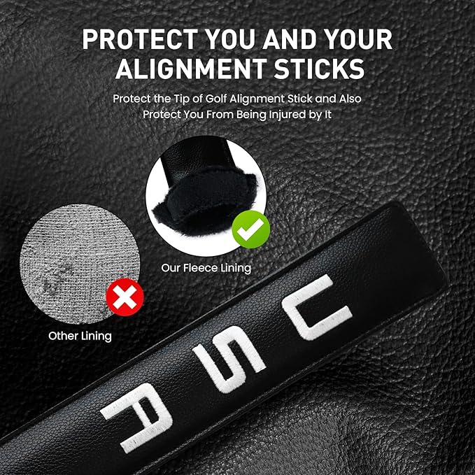 FINGER TEN Golf Alignment Stick Cover Headcover Rods Holder Case Leather 14''× 2'' in USA Black White Green Hold at Least 2 Sticks