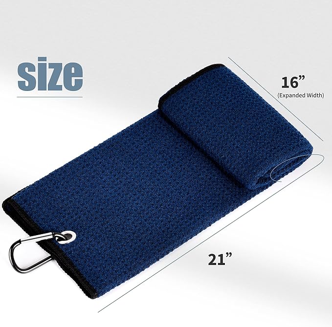 Mile High Life Tri-fold Golf Towel | 16" X 24" | Premium Microfiber Fabric | Waffle Pattern | with Heavy Duty Carabiner Clip | for Men and Women (Black & Navy)