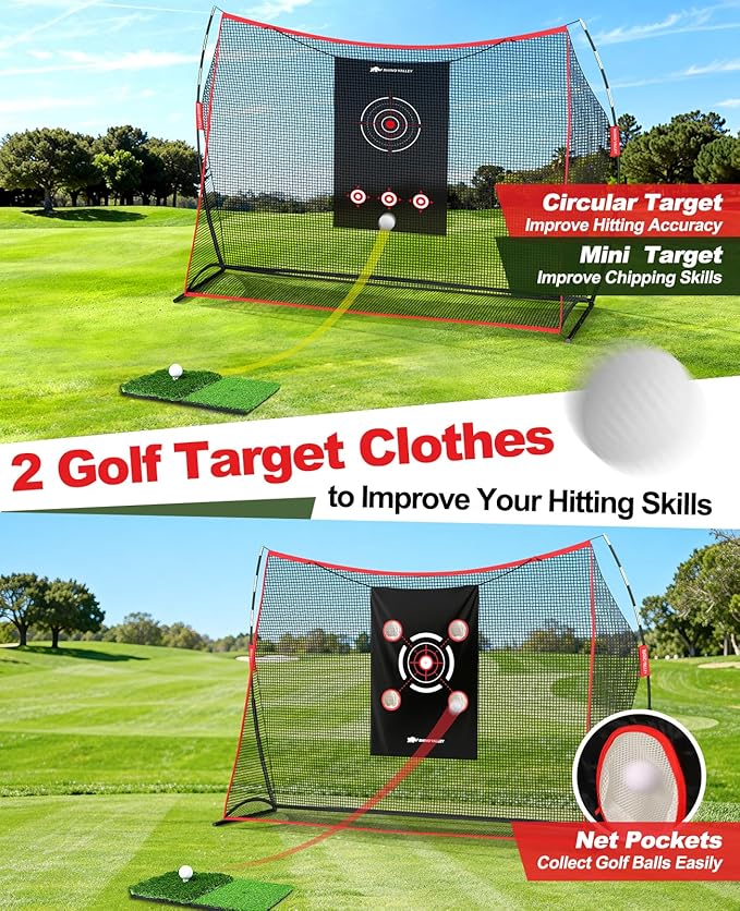 Golf Net, 10×7ft Heavy Duty Golf Hitting Nets with Mat Targets Tees Balls Carry Bag, Golf Practice Equipment Net for Indoor/Outdoor Backyard Driving Chipping Swing Training, Gifts for Men Golfer