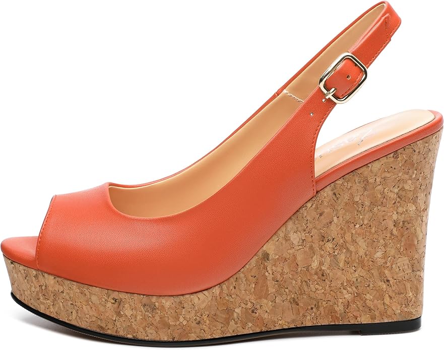 Womens Peep Toe Wedge Heels Matte Fashion Cork Slingback Pumps Platform Wedge Sandals 3.94 Inches