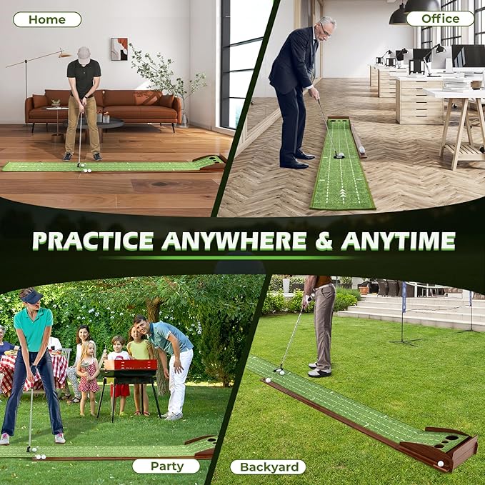ULTIMATE Indoor/Outdoor Golf Putting Mat, Golf Putting Green w/Automatic Ball Return System, Putter Alignment Guides for Training & Practicing, Golf Practice Equipment for Home & Office (3-Holes)