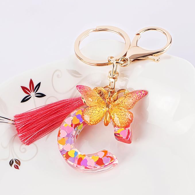 Suweibuke Colourful Cute Initial Letter Keychains for Women Girls with Tassel Butterfly, Charm for Purse Handbags Backpacks