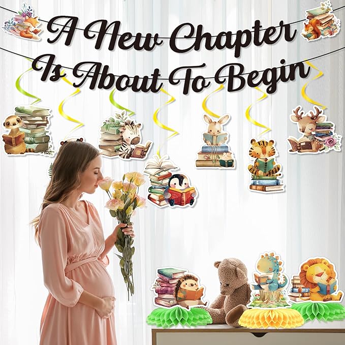 Book Baby Shower Decorations - 12PCS Book Themed Party Decorations A New Chapter Is About to Begin Baby Shower Banners Hanging Swirls Honeycomb Centerpieces Storybook Gender Reveal Supplies