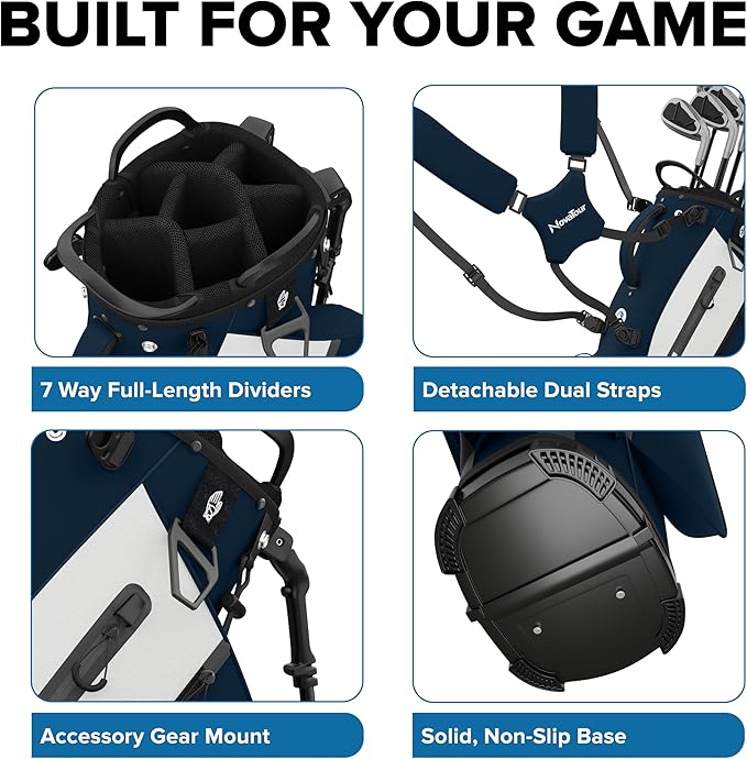 Golf Stand Bag - Lightweight Golf Bag with Stand and 7 Way Dividers, Dual Strap, Waterproof Pocket, Insulated Sleeve, Easy-Lift Handles and Swing-Cam Holder
