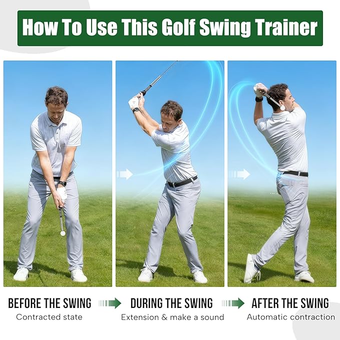 Retractable Golf Swing Training Aid, Golf Grip Trainer for Swing Tempo & Chipping Practice, Right-Handed Golf Swing Trainer with Arm Band for Beginners, Indoor Outdoor Practice