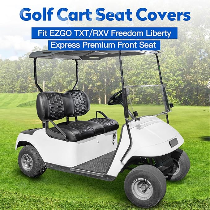 NOKINS Golf Cart Seat Covers, Fit EZGO TXT RXV Freedom Liberty Express Premium Front Seat Cushion, EZGO Premium Accessories Vinyl Seat Covers, No Nails Required (Carbon Fiber Black&Black)