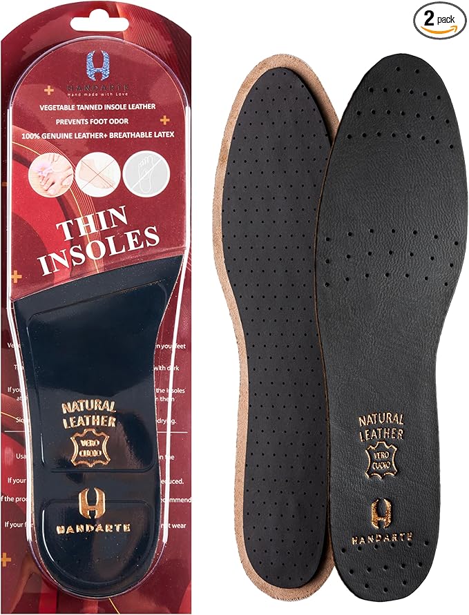 HANDARTE Premium Leather Shoe Insoles | Thin Shoe Inserts for Men/Women | Dress Shoe Insoles - Durable - 100% Natural Goatskin & Anti Sweat - Suitable for No-Socks (US W10/M8.5 | EU42)