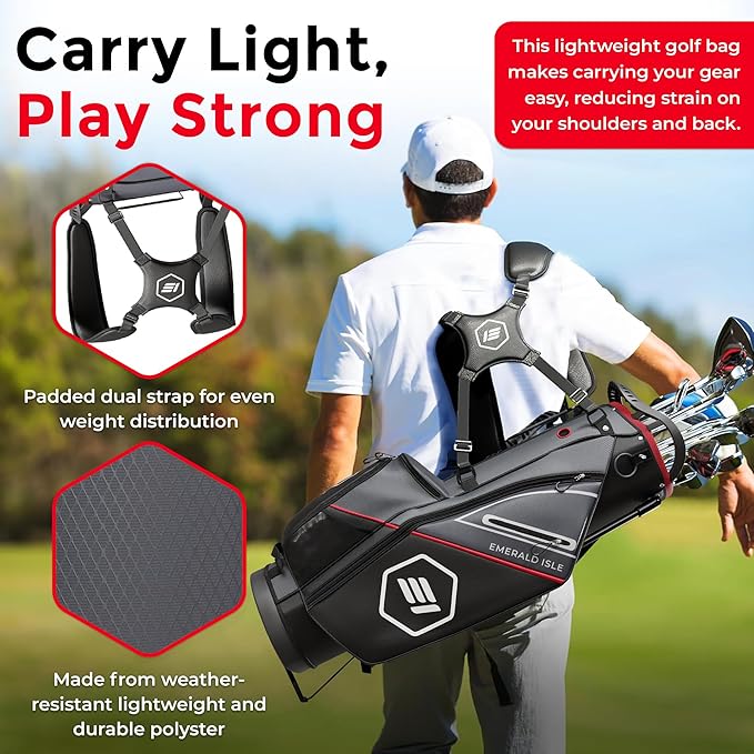 Emerald Isle 14 Way Full Length Divider Golf Bag Stand, Heavy Duty Carry Bag with Rain Hood, Multiple Pockets, Padded Handle and Strap, Lightweight Golf Bag for Men and Women