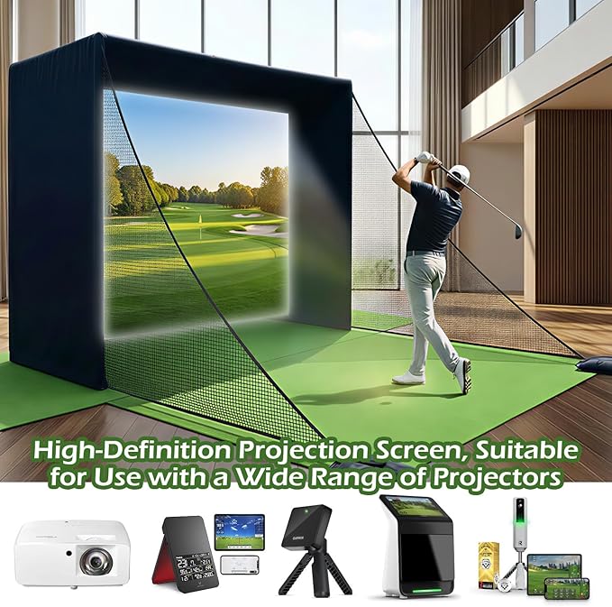 10x8x6 ft Golf Simulator Enclosure Net with HD Impact Screen & Frame Kit | Indoor Home Golf Training Cage Simulator Accessories | Gift for Golfers Men Women