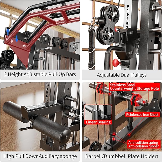 Smith Machine，Multi-Function Squat Rack Power Cage with Cable Crossover System,with Optional Weight Bench, Olympic Barbell Weight Set, for Home Gym