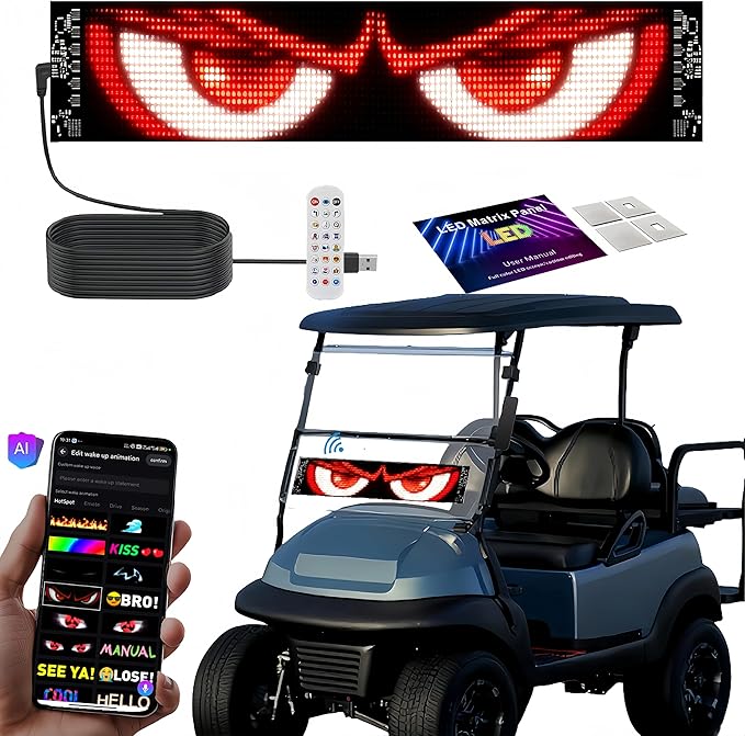 AI Voice Controlled Golf Cart Devil Eyes LED Screen - 23x5in Flexible LED Sign for Windshield, Programmable via Smartphone App - Perfect Christmas Golf Gifts for Men