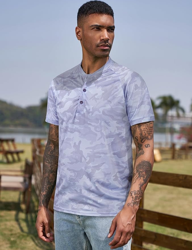 TAPULCO Mens Collarless Golf Shirts Short Sleeve Dry Fit Stretch Casual Breathable Lightweight Tshirts