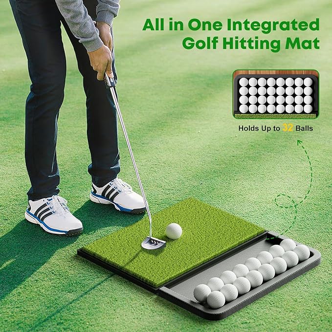 Integrated Golf Mat with Ball Tray, Small Thickening Golf Mats Practice Outdoor & Indoor, Artificial Grass with Anti-Slip Rubber Bottom Mat for Driving, Chipping Swing