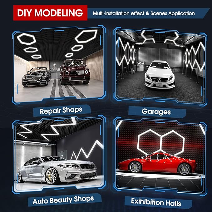 LED Hexagon Garage Light: 12700LM Car Detailing Shop Light, DIY Splicing Ceiling & Wall Decor Lights, for Workshop Basement Gym Warehouse Bar Gaming Room