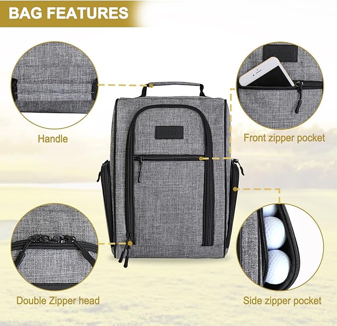 Goloni 2Pcs Golf Shoe Bag for Men & Women, Padded Travel Shoe Bag with Side Accessory Pockets,Sport Shoe Carrier for Golf Shoes,Socks,Tees & Balls,Durable & Lightweight Design(Black+Gray)