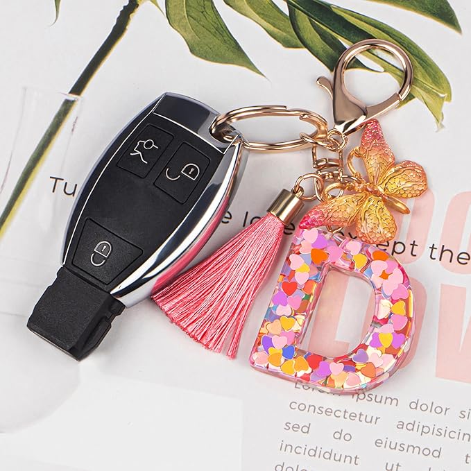 Suweibuke Colourful Cute Initial Letter Keychains for Women Girls with Tassel Butterfly, Charm for Purse Handbags Backpacks