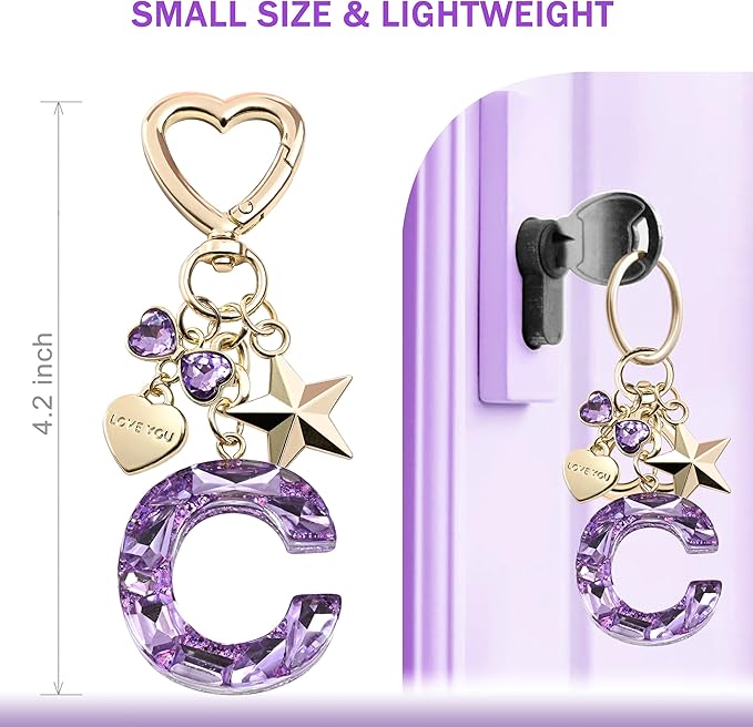 Cute Bling Keychain initial Letter Butterfly Star Pink Purple Gift for Women Girls Bag Cup Charms Accessories