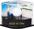 Golf Ball Display Case for Hole-in-One Golfer. Black Ball Throne with Golden Stamp. 2X Background Frames on Each Side of Cambered Cover. Pencil Holder, Adhesive Dots All Included, No Assembly