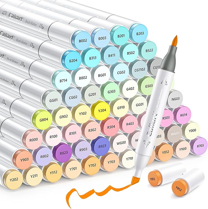Caliart 61 Colors Pastel Alcohol Brush Markers, Art Marker Set Dual Tip Brush & Chisel, with Case Permanent Alcohol Based Colored Pens for Adults Coloring Book Artists Drawing Supplies Gifts