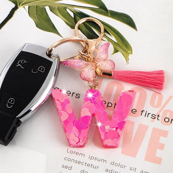 Suweibuke Colourful Cute Initial Letter Keychains for Women Girls with Tassel Butterfly, Charm for Purse Handbags Backpacks
