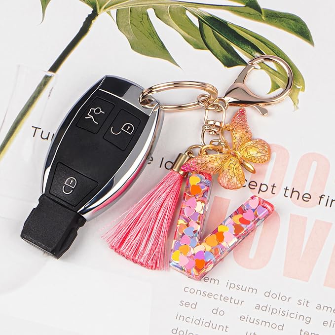 Suweibuke Colourful Cute Initial Letter Keychains for Women Girls with Tassel Butterfly, Charm for Purse Handbags Backpacks