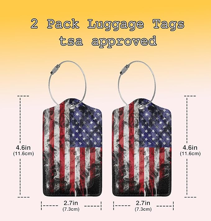 2 Pack American Flag Luggage Tags for Suitcases USA Cool Leather Luggage Tag for Travel Bag Tag Privacy Name ID Card Bag Labels for Friends Adults Kids Tourists