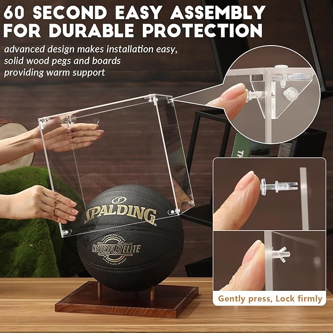 JupDec Basketball Display Case Acrylic Clear 10" Full Size with Solid Wood Base, UV Protected Soccer Display Stand Box for Autographed Standard NBA WNBA Ball Memorabilia Keepsake Ideal Gift Athlete