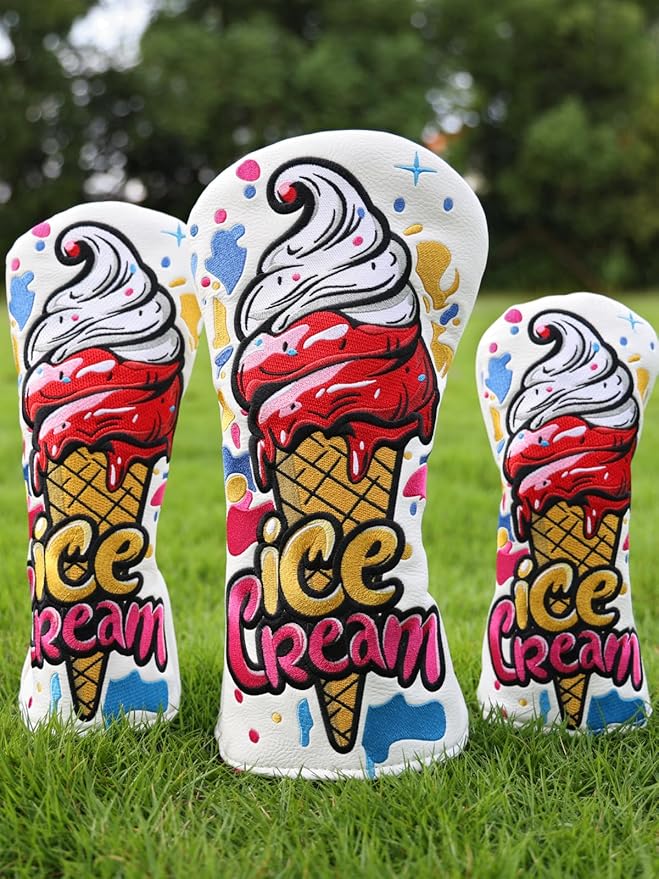 Golf Club Head Covers, Ice Cream Golf Headcovers for Drivers, Fairway Woods, Hybrids, Mallet Blade Putter Cover, Funny Golf Club Covers with Premium PU Leather and Advanced Embroidery for Most Brands