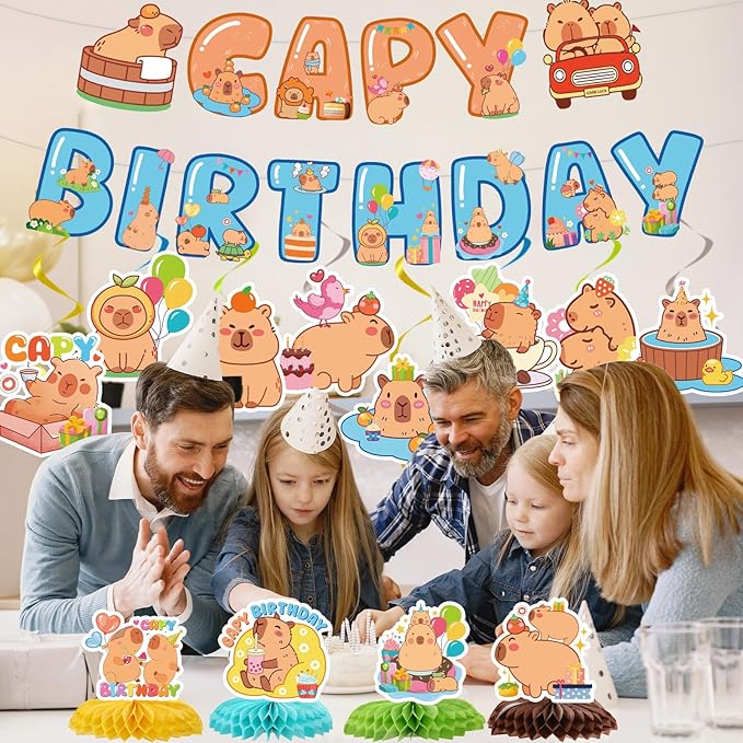 Capybara Birthday Party Decorations - 14PCS Capybara Banners with Hanging Swirls Bday Decoration Cute Capy Animals Honeycomb centerpieces Decor Supplies