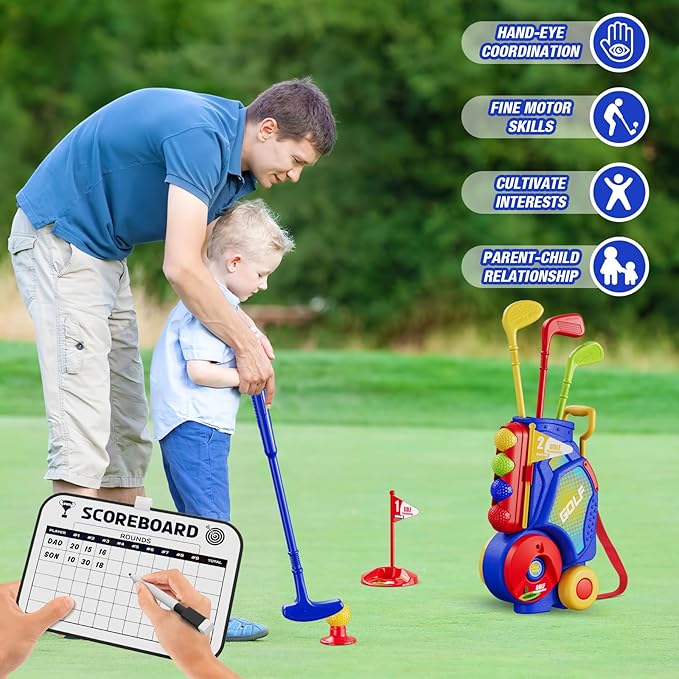 Toddler Golf Set 2-4 Years, Kids Golf Club with 8 Balls, 4 Plastic Clubs, Putting Mat, Scoreboard, Storage Bag, Indoor Outdoor Game with Golf Cart Sport Toy Gift for Baby Boys Girls Age 3-5, Blue